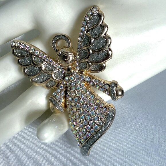 Vintage Angel Brooch Pin 2.5” – Gold Tone with Iridescent Rhinestones - Picture 1 of 7